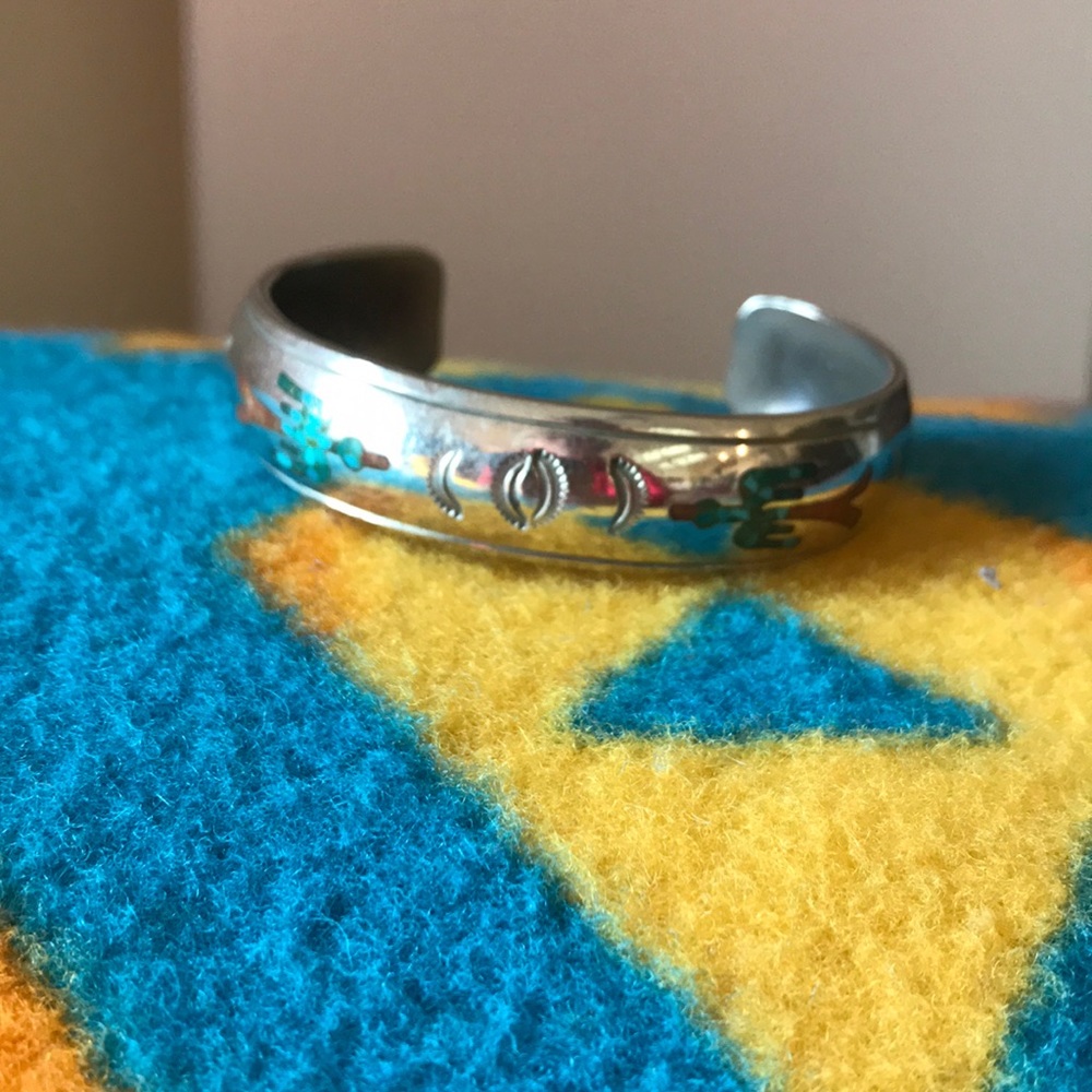 Silver Turquoise and Coral Bangle cuff bracelet